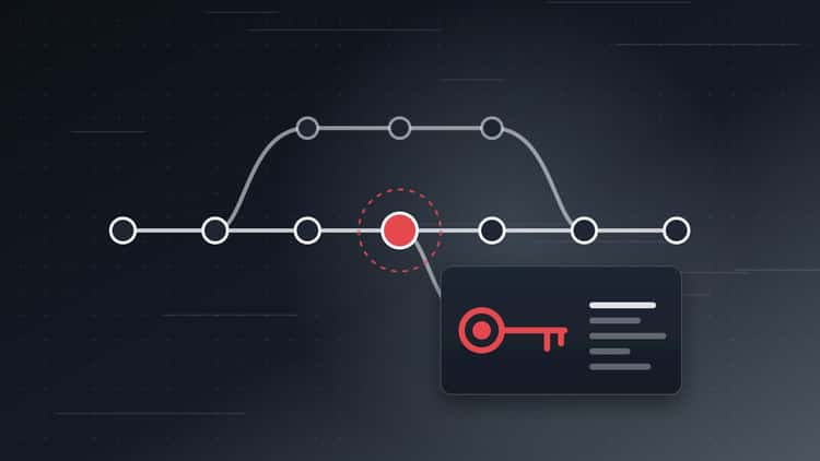 A Git commit graph with one commit highlighted and a key leaking out of it