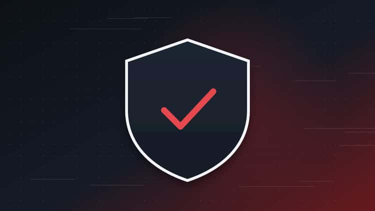 A dark shield with a red check mark on a dark background